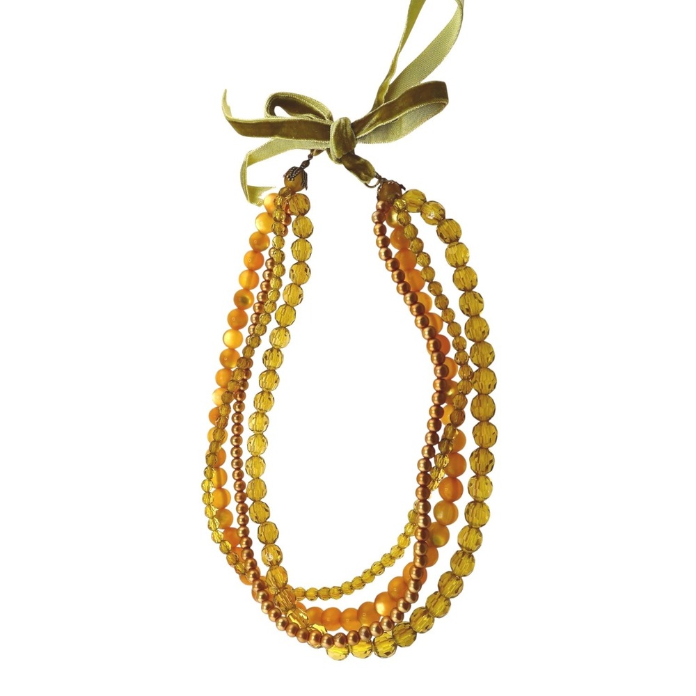 Multi Strand Beaded Statement Necklace Velvet Bow Tie Honey Amber Autumn NWT